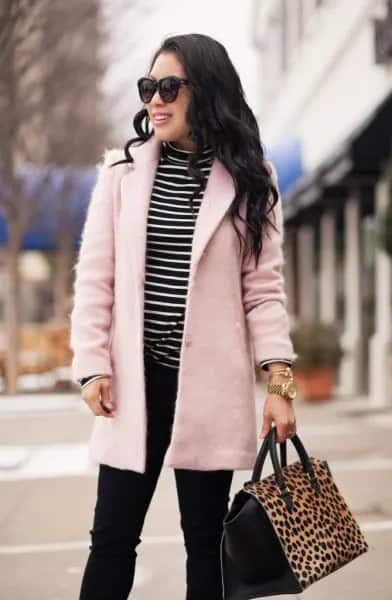 Pale Pink Wool Coat with Black and White Striped Mock Neck Tee