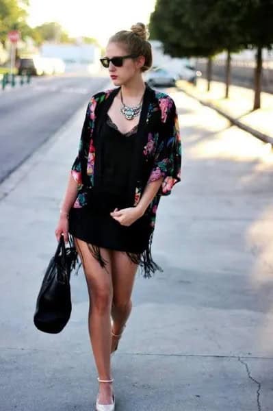 Black Floral Fringe Kimono with Lace Deep V Neck Mini Dress