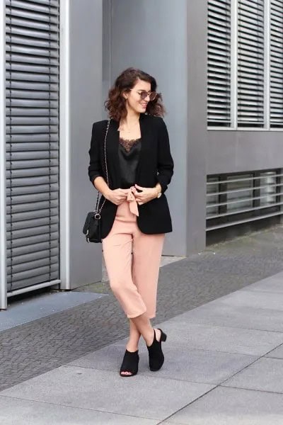 Lace Camisole with Black Blazer & Cropped Pants