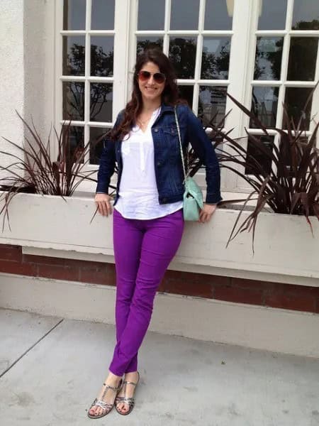 Navy Denim Jacket with White Top & Purple Jeans