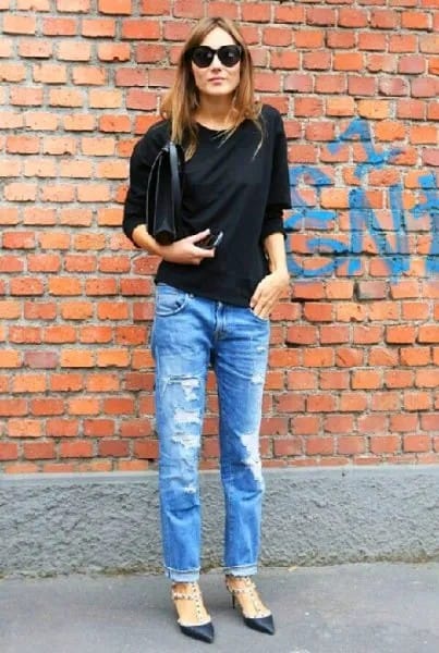 Black Dolman Sleeve Top with Boyfriend Jeans