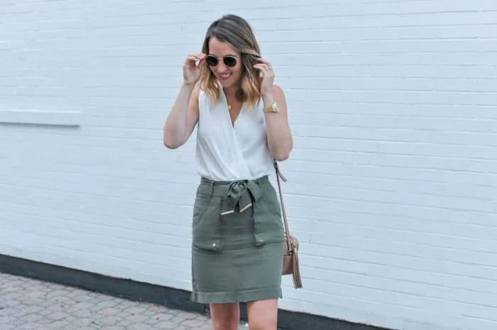 White Wrap Sleeveless Top with Grey Mini Skirt