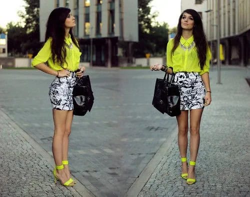 Yellow Button Up Chiffon Shirt with Black and White Printed Mini Skirt