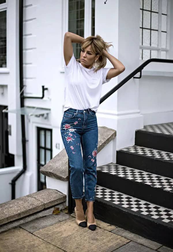 Embroidered Jeans and Two Colored Shoes