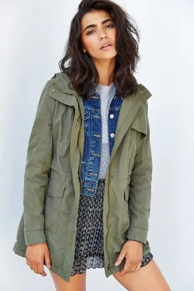 Army Green Anorak Jacket over Blue Denim Jacket