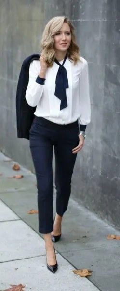 White Blouse with Black Tie Neck Detail & Dark Jeans