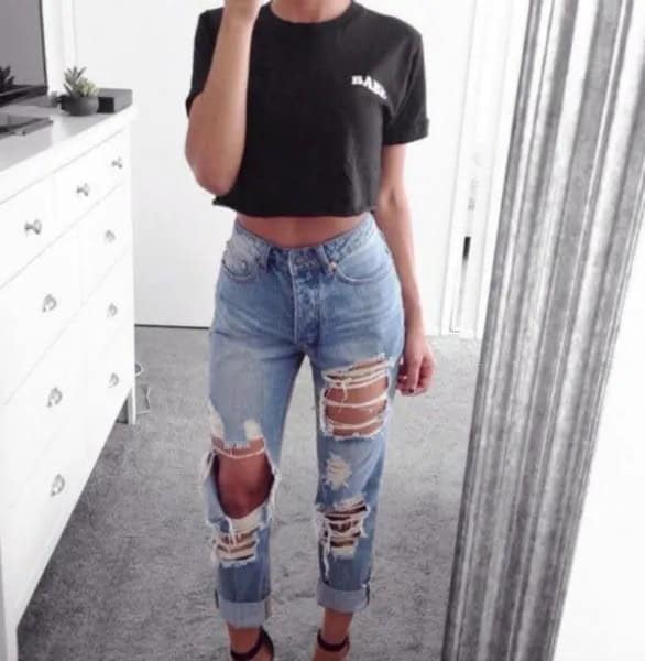 Black Cropped Tee with Blue Distressed Mom Jeans