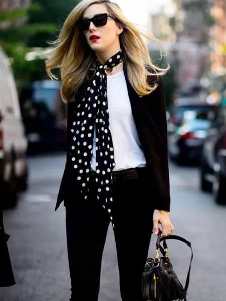 Black and White Satin Scarf with Blazer & Skinny Jeans