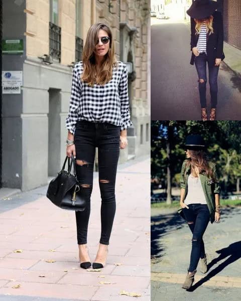 Checkered Button Up Shirt with Black Distressed Skinny Ankle Jeans