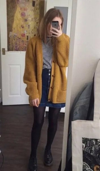 Dark Yellow Ribbed Oversized Cardigan with Denim Button Front Mini Skirt