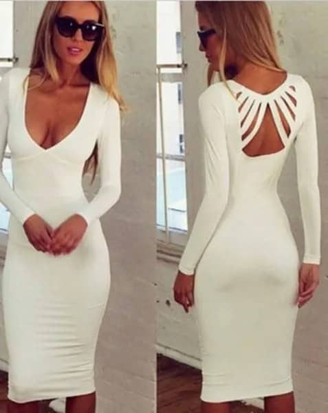 White Plunging Neckline and Cutout Back Midi Dress