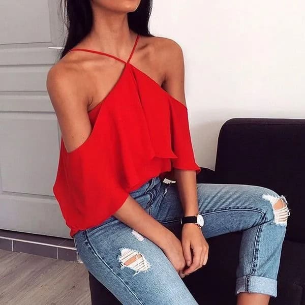 Red Off The Shoulder Halter Neck Top & Ripped Skinny Jeans