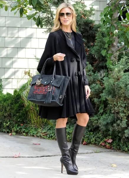 Black Flared Knee Length Wool Coat Dress with Leather Heeled Boots