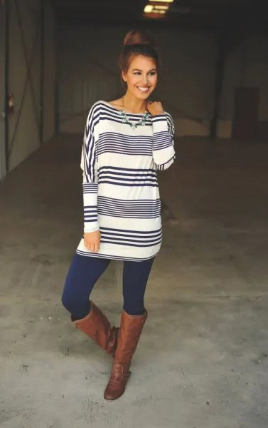 Blue and White Striped Long Sleeve Tunic with Navy Leggings