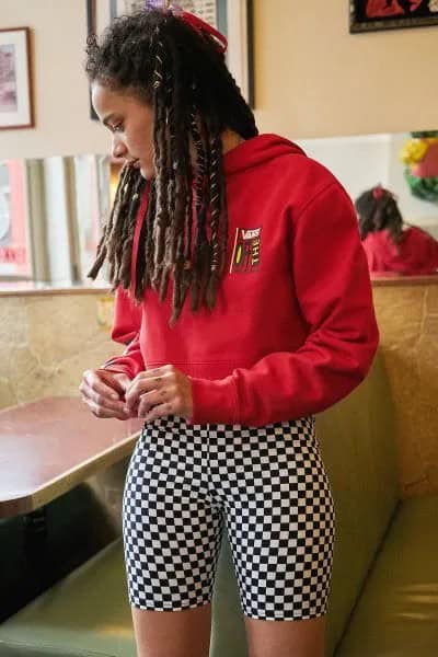 Red Graphic Hoodie with Black and White Checkered Biker Shorts