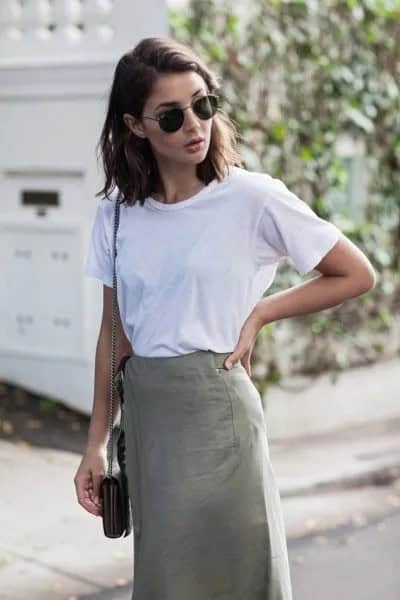 White T Shirt with Khaki Midi Pencil Skirt