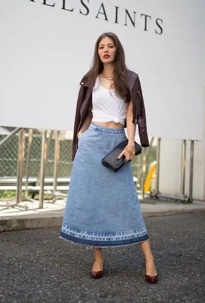 White Knotted Tee with Black Leather Jacket & Long Flared Skirt