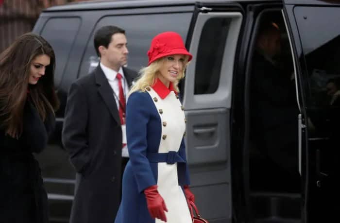 Red Bush Hat with White and Blue Belted Coat Dress