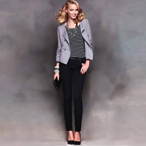 Striped Tee with Grey Blazer & Black Ponte Pants