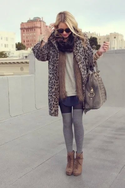 Cheetah Jacket with Grey Thigh High Socks & Ankle Boots