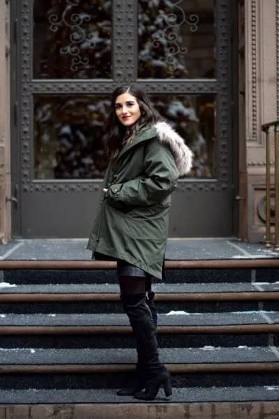 Dark Grey Coat with Black Thigh High Suede Boots