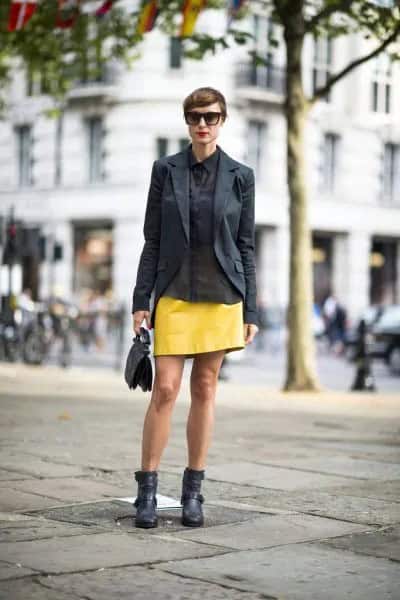 Black Blazer with Yellow Leather Mini Skirt & Ankle Moto Boots