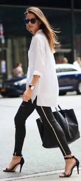 Oversized White Shirt with Black Zipper Leather Leggings