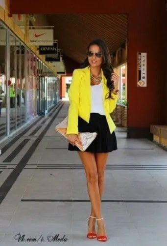 Yellow Blazer with White Tank & Black Mini Skater Skirt