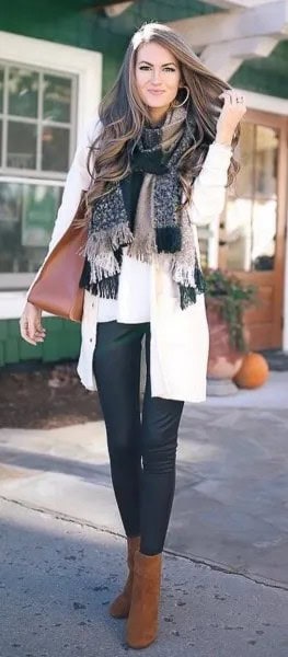 Plaid Fringe Scarf with White Blouse & Cardigan