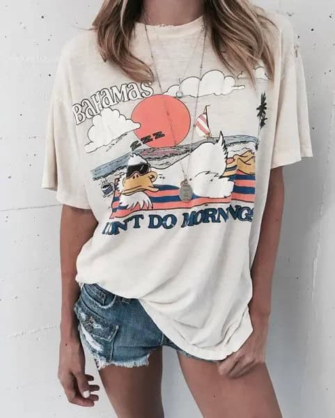 White Oversized Print Tee with Ripped Mini Denim Shorts