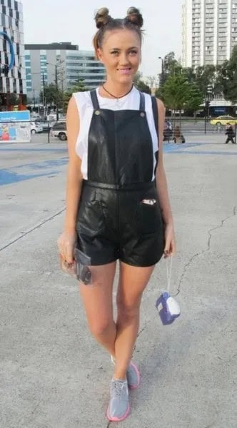 White Sleeveless Top with Black Leather Overall Shorts