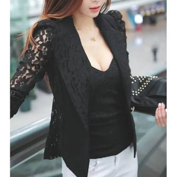 Black Lace Blazer with Deep V Neck Top & White Jeans