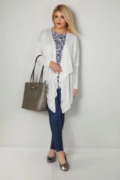 White Longline Cardigan with Tribal Printed Top & Navy Pants