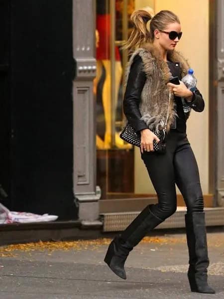 Faux Fur Brown Vest with Black Leather Jacket & Knee High Wedge Boots