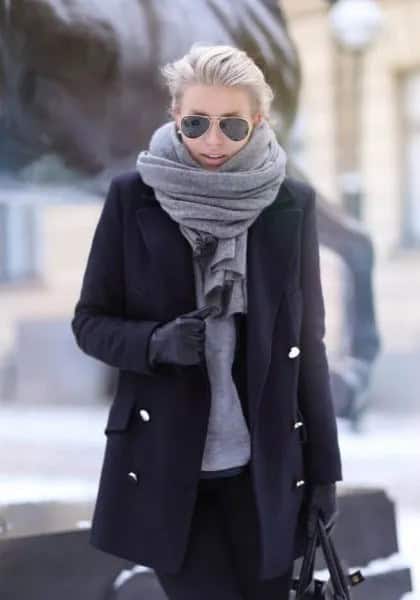 Black Long Wool Coat with Grey Scarf