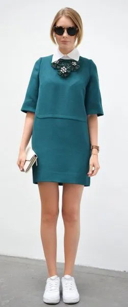 White Collar Shirt with Teal Half Sleeve T Shirt Dress