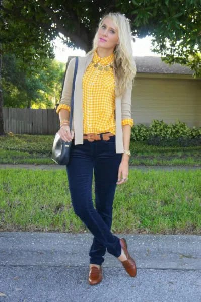 Lemon Yellow and White Plaid Shirt with Blush Pink Blazer