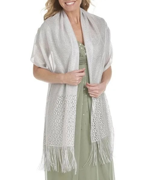 White Fringe Wrap Shawl Sweater with Blush Pink Chiffon Dress