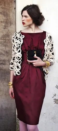 White Lace Shrug with Burgundy Silk Sheath Midi Dress