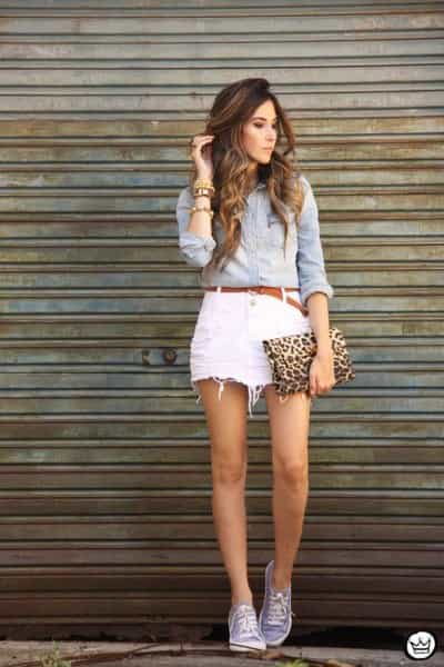 Chambray Shirt with White Mini Denim Skirt