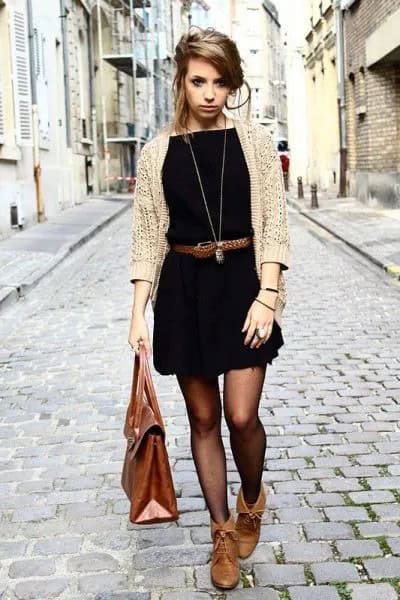 Beige Cardigan with Black Belted Mini Dress