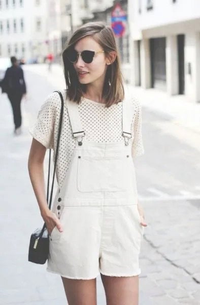 White Denim Overall Shorts with Polka Dot T Shirt