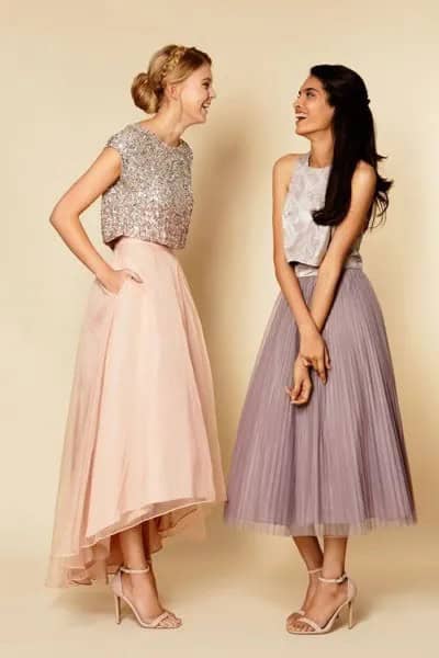 Silver Cap Sleeve Sequin Crop Top with Pale Pink Maxi Flared Skirt