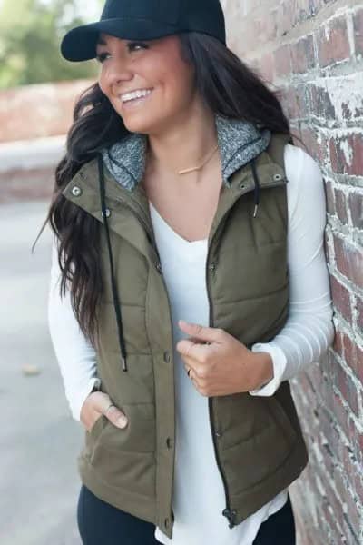 White Long Sleeve Tee with Green Vest & Black Baseball Cap