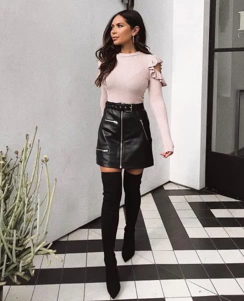 Pale Pink Cold Shoulder Form Fitting Sweater with Black Zip Up Leather Mini Skirt