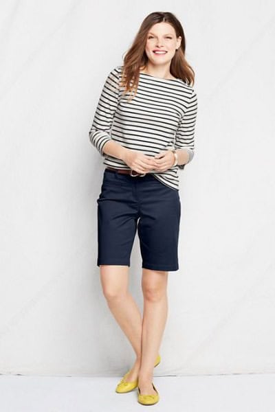 Black and White Striped Long Sleeve Tee with Navy Knee Length Chino Shorts