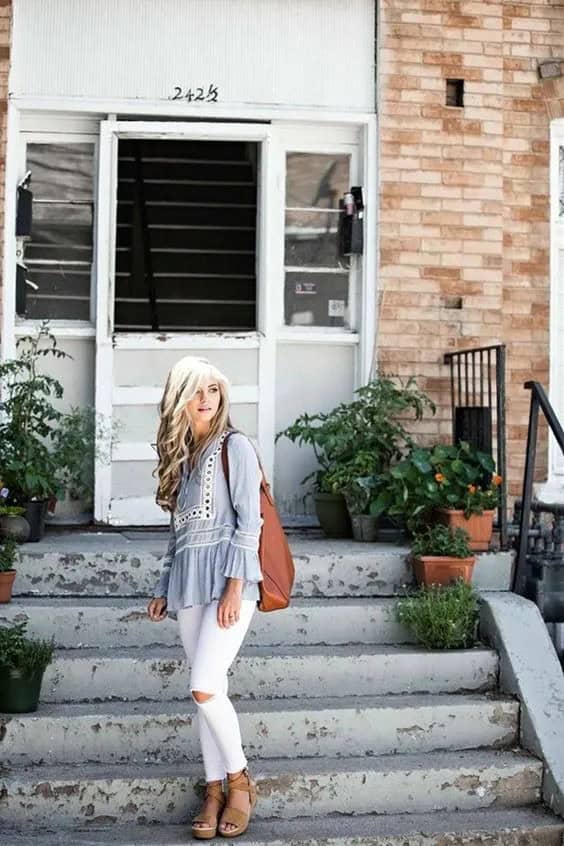 Soft Blue Top and White Jeans