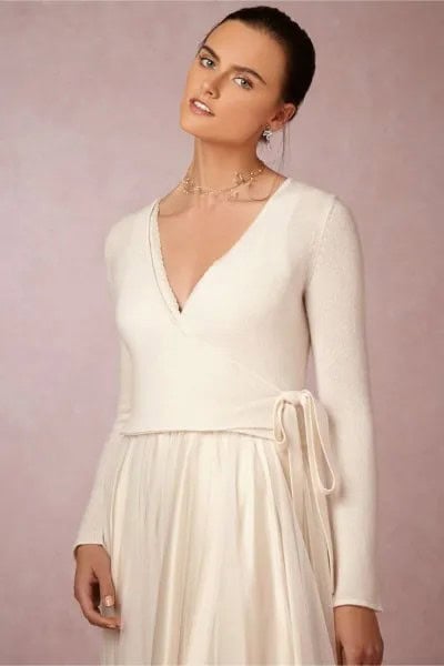 White Wrap Sweater with Pleated midi Skirt