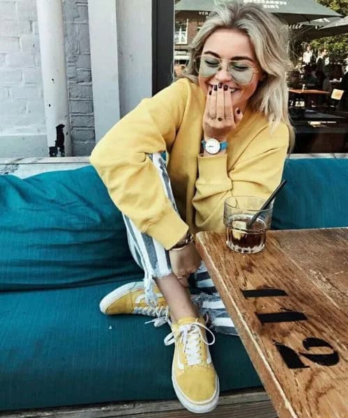 Pale Yellow Sweatshirt with Matching Canvas Sneakers