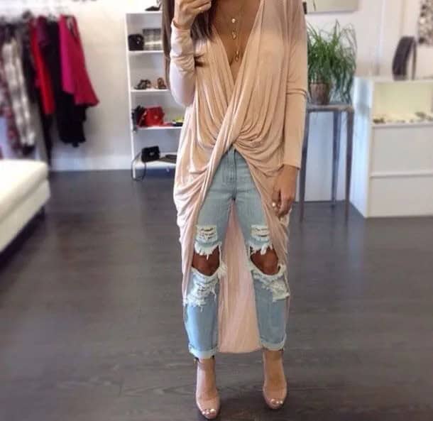 Pale Pink Long Sleeve Draped High Low Maxi Top